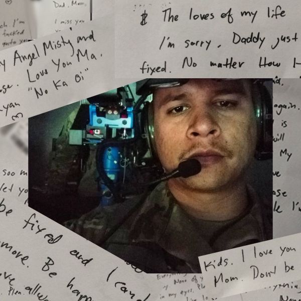 A collage of text overlays a photo of a man in an army uniform