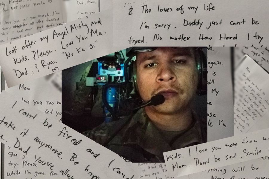 A collage of text overlays a photo of a man in an army uniform