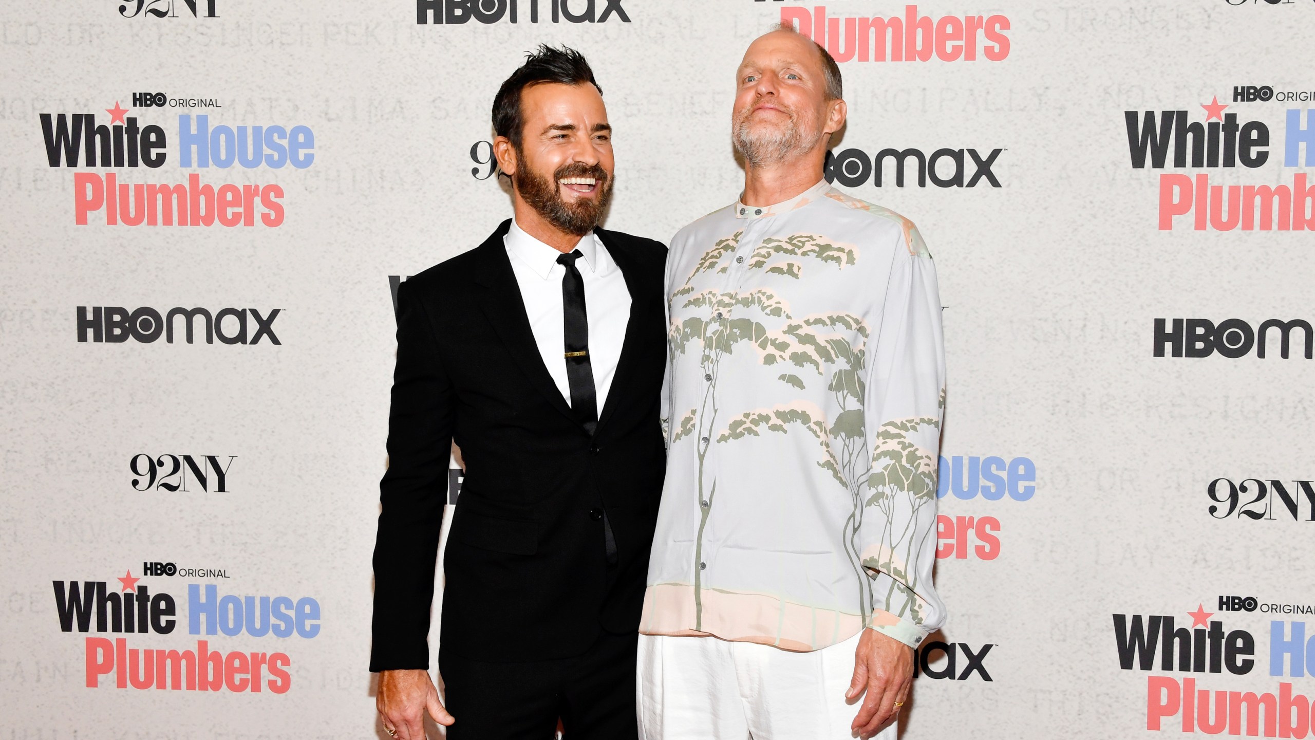 Justin Theroux, left, and Woody Harrelson attend the premiere of HBO's "White House Plumbers," at the 92nd Street Y, Monday, April 17, 2023, in New York. (Photo by Evan Agostini/Invision/AP)