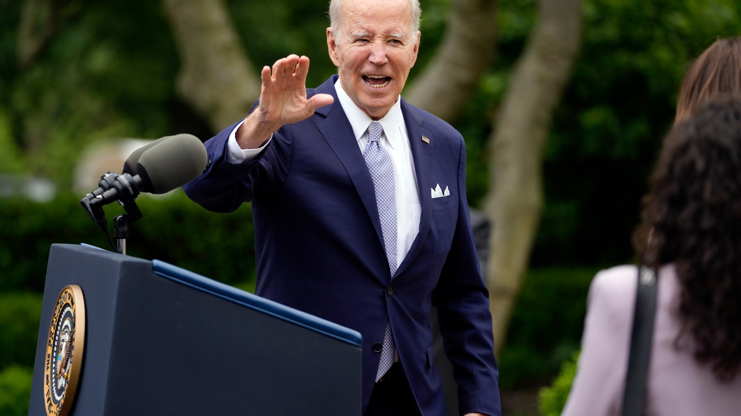 President Joe Biden waves after speaking in the Rose Garden of the White House in Washington, Monday, May 1, 2023, about National Small Business Week. (AP Photo/Carolyn Kaster)