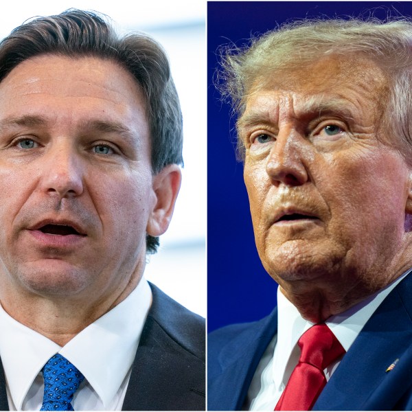 FILE - This combination of photos shows Florida Gov. Ron DeSantis speaking on April 21, 2023, in Oxon Hill, Md., left, and former President Donald Trump speaking on March 4, 2023, at National Harbor in Oxon Hill, Md. A Florida ethics board has dismissed a complaint that allies of Trump filed against DeSantis, finding no legal basis for allegations that the governor violated campaign finance laws with a “shadow” run for the White House. (AP Photo/Alex Brandon, File)