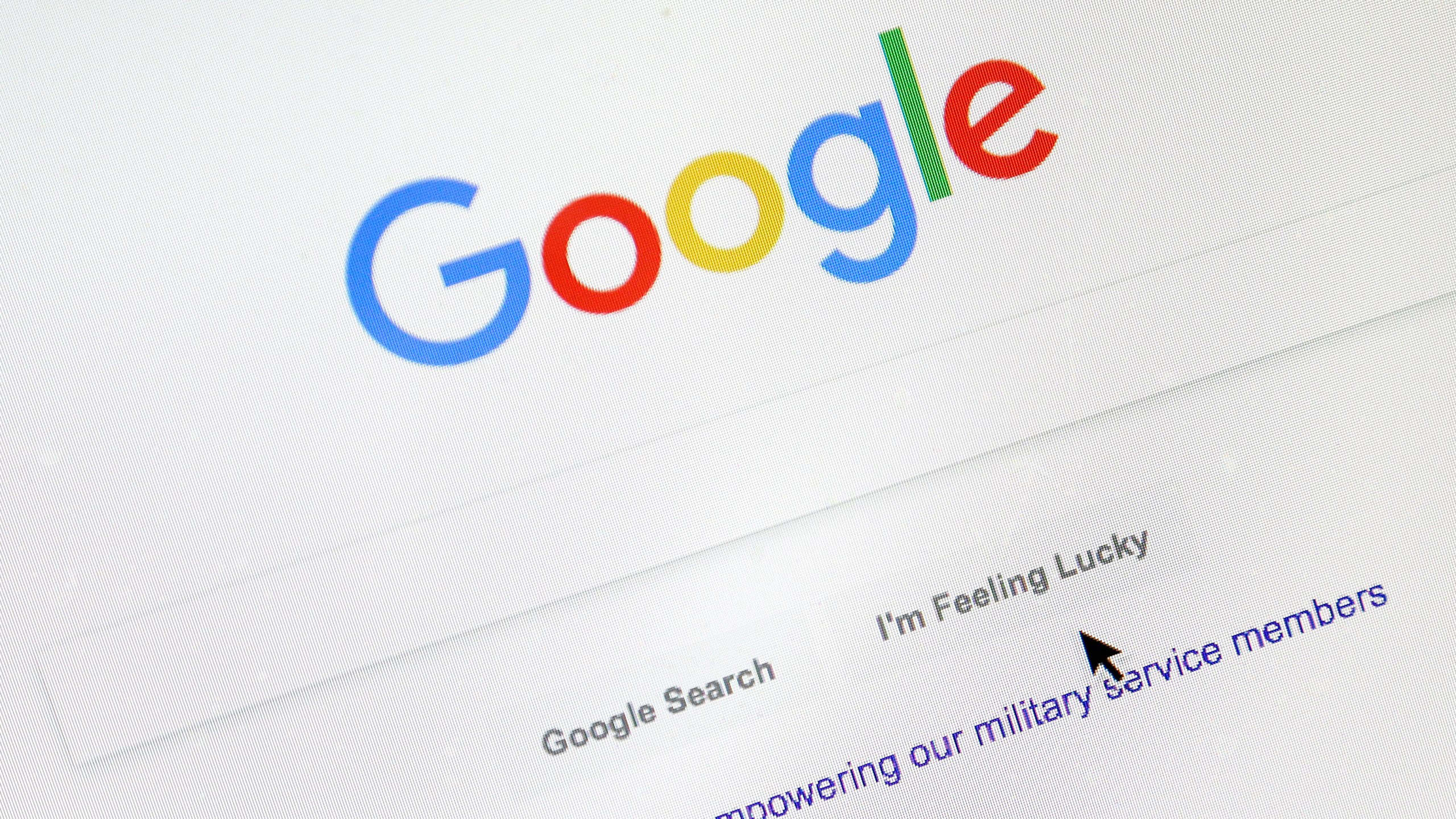 FILE - A cursor moves over Google's search engine page, Aug. 28, 2018, in Portland, Ore. Good news for all the password-haters out there: Google has taken a big step toward making them an afterthought by adding “passkeys” as a more straightforward and secure way to log into its services. (AP Photo/Don Ryan, File)