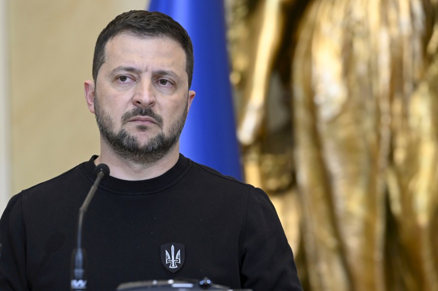 Ukrainian President Volodymyr Zelenskyy reacts during a press conference of the Nordic-Ukrainian Summit at the Presidential Palace in Helsinki, Finland, Wednesday May 3, 2023. Zelenskyy is in the Finnish capital, Helsinki, for a one-day Nordic summit. (Heikki Saukkomaa/Lehtikuva via AP)