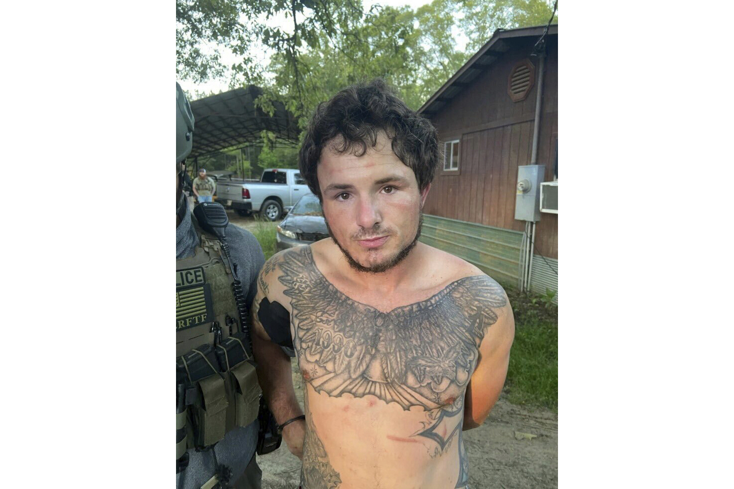 This photo provided by Hinds County Sheriff's office shows Corey Harrison taken into custody Thursday, May 4, 2023 in Crystal Springs, Miss. Harrison and three other inmates escaped from the Raymond Detention Center near Jackson, Mississippi’s capital, on April 22, officials said.(Hinds County Sheriff's office via AP)