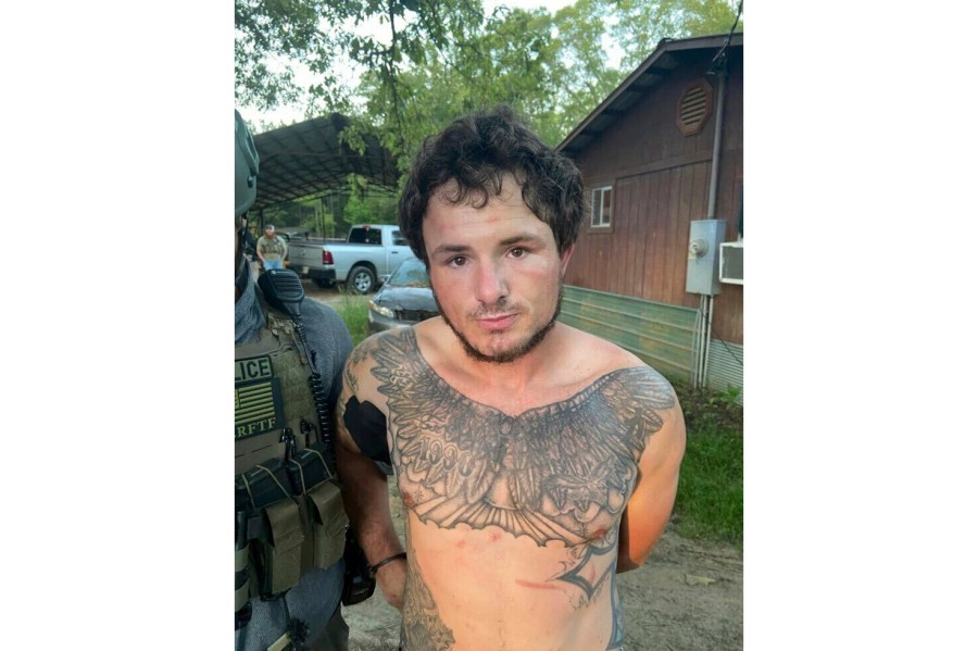 This photo provided by Hinds County Sheriff's office shows Corey Harrison taken into custody Thursday, May 4, 2023 in Crystal Springs, Miss. Harrison and three other inmates escaped from the Raymond Detention Center near Jackson, Mississippi’s capital, on April 22, officials said.(Hinds County Sheriff's office via AP)