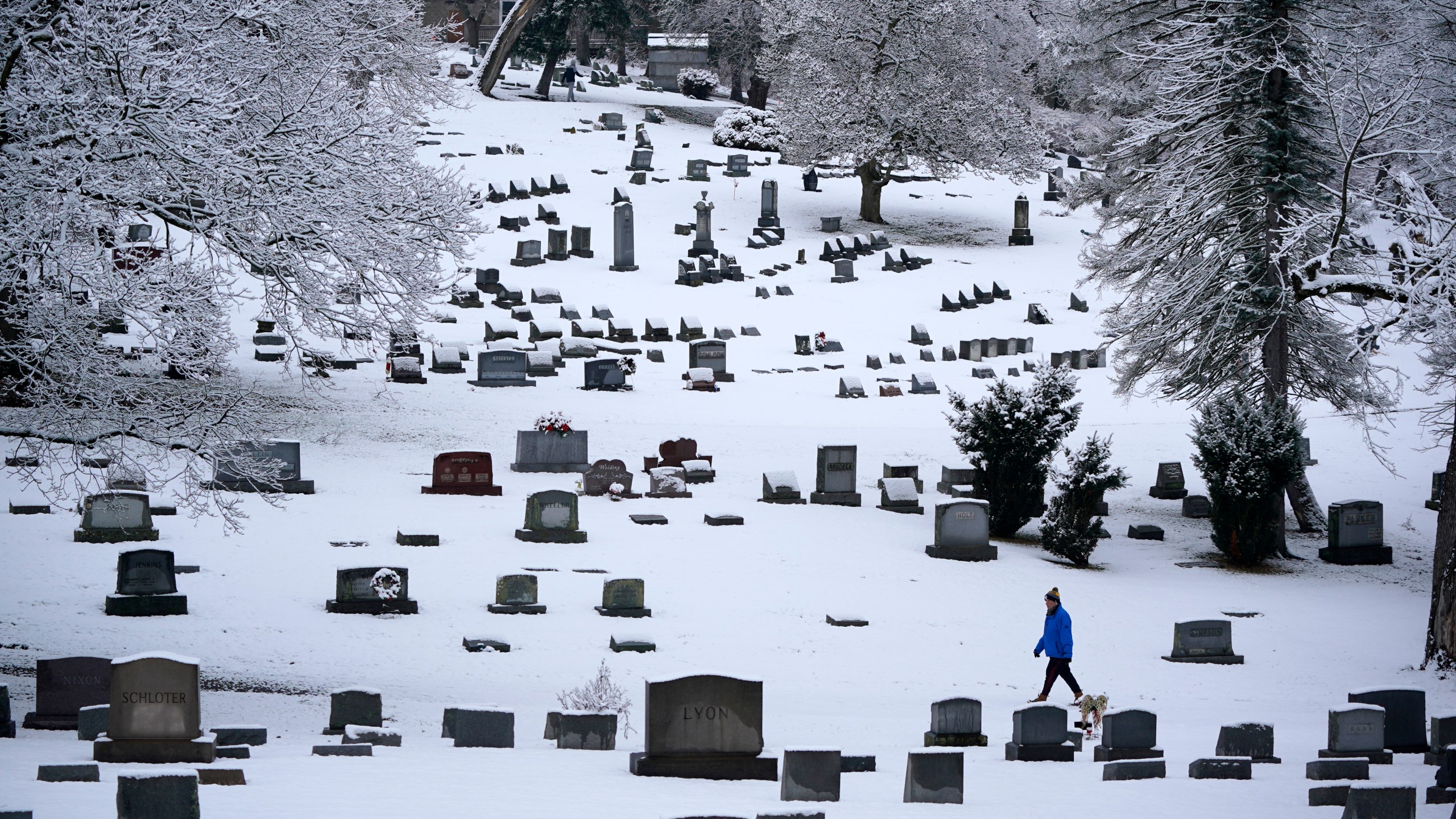 FILE - A man walks through the snow covered Mount Lebanon Cemetery in Mount Lebanon, Pa., on Monday, Jan. 23, 2023. U.S. deaths fell in 2022, as COVID-19 fatalities dropped by half from 2021 and the coronavirus dropped from being the nation's third leading cause of death to the fourth. The Centers for Disease Control and Prevention reported the 2022 numbers on Thursday, May 4, 2023, cautioning that they are preliminary and may change a little after further analysis. (AP Photo/Gene J. Puskar, File)