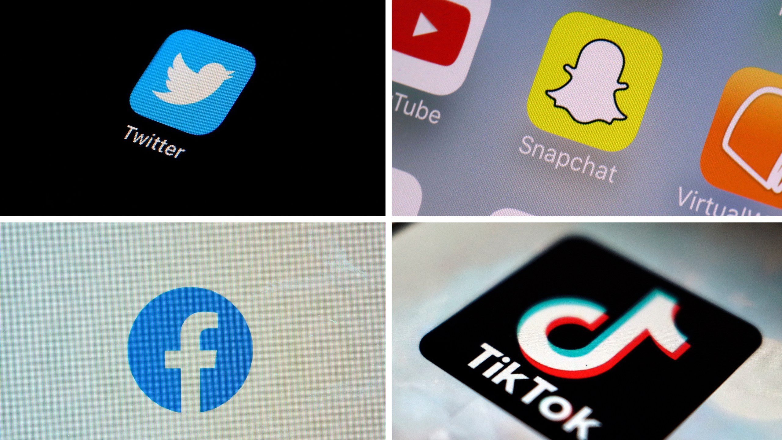 FILE - This combination of photos shows logos of Twitter, top left; Snapchat, top right; Facebook, bottom left; and TikTok. A bipartisan group of senators on Wednesday, April 26, 2023, introduced legislation aiming to prohibit all children under the age of 13 from using social media and would require permission from a guardian for users under 18 to create an account. It is one of several proposals in Congress seeking to make the internet safer for children and teens. (AP Photo, File)