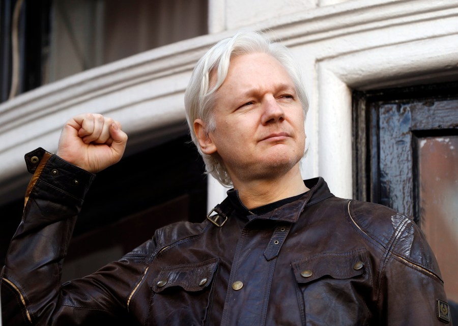 FILE - WikiLeaks founder Julian Assange greets supporters on May 19, 2017, outside the Ecuadorian Embassy in London, where he has been in self imposed exile since 2012. Australian Prime Minister Anthony Albanese expressed frustration at the United States’ continuing efforts to extradite WikiLeaks founder and Australian citizen Julian Assange, saying: “There is nothing to be served by his ongoing incarceration.” Albanese made his comments Friday, May 5, 2023, in an Australian Broadcasting Corp. interview. (AP Photo/Frank Augstein, File)