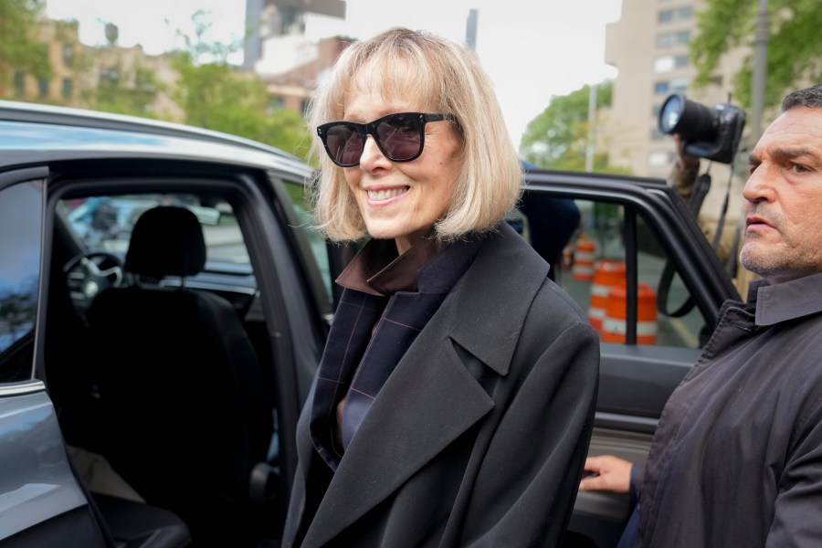 FILE Former advice columnist E. Jean Carroll, left, leaves Manhattan federal court, Thursday, May 4, 2023, in New York. (AP Photo/John Minchillo)