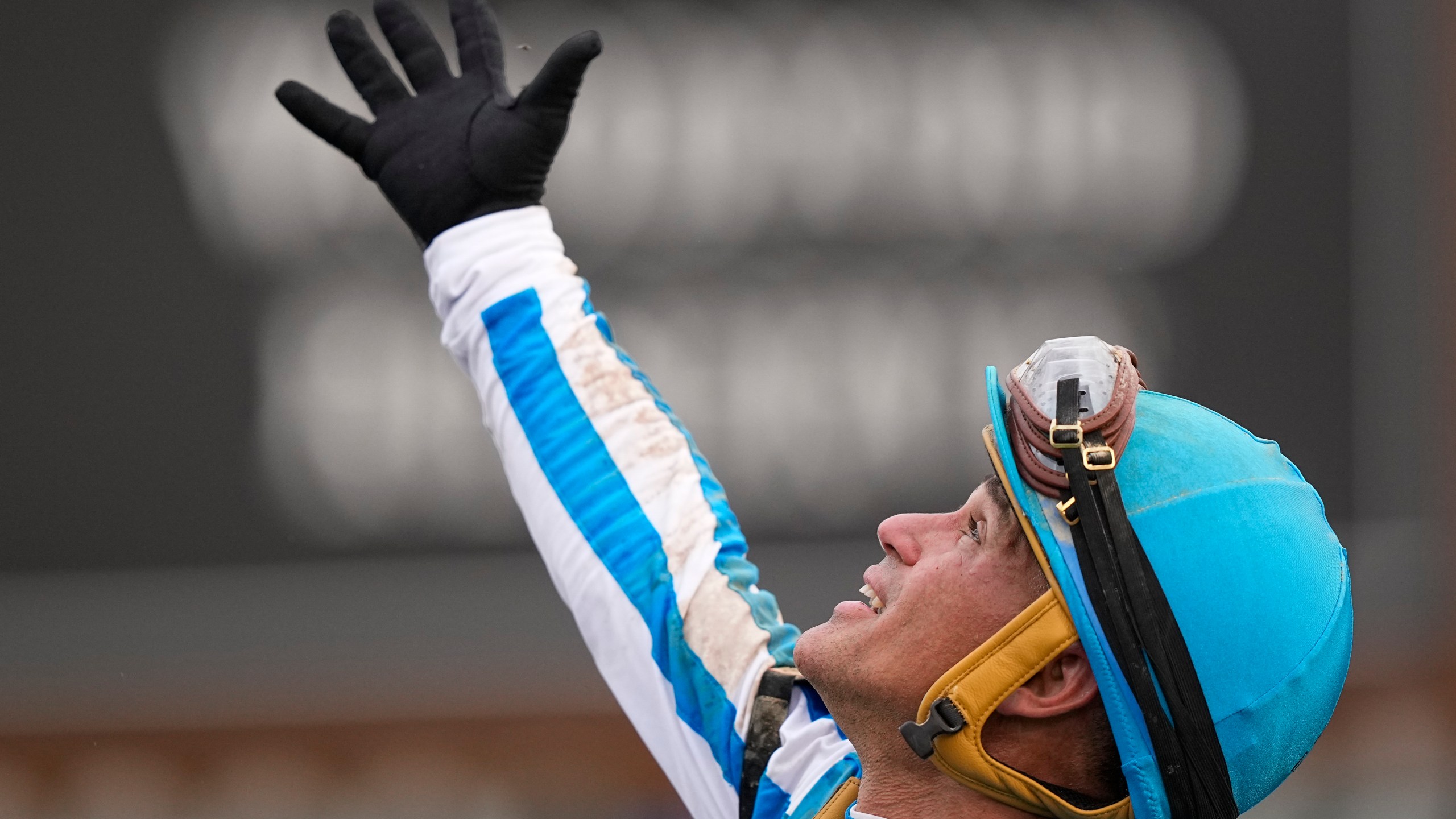 Javier Castellano celebrates in the winner's circle after riding Mage to win the 149th running of the Kentucky Derby horse race at Churchill Downs Saturday, May 6, 2023, in Louisville, Ky. (AP Photo/Brynn Anderson)