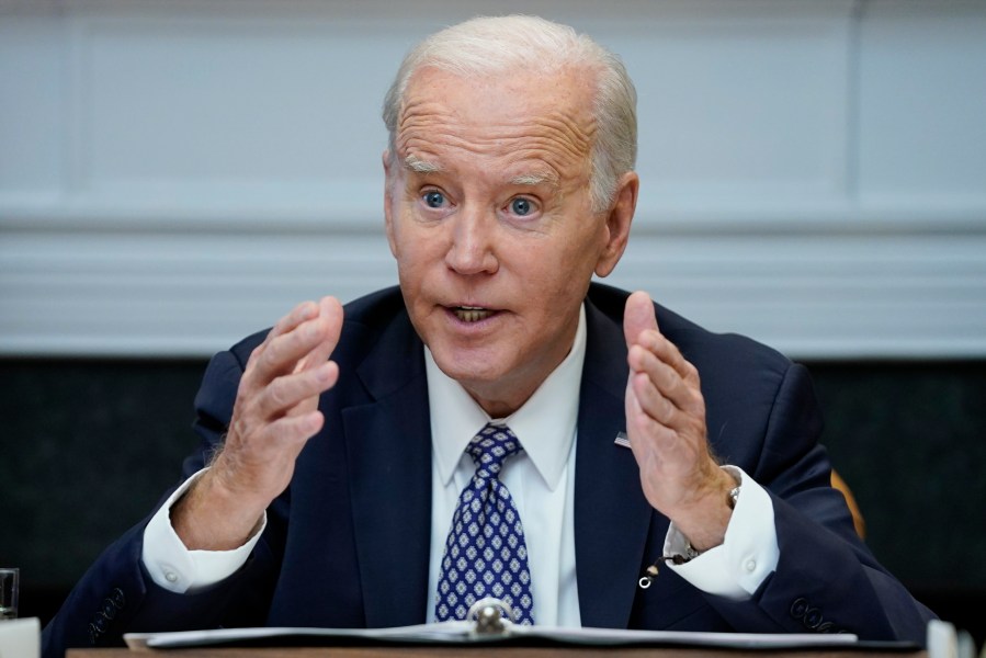 President Joe Biden speaks during a meeting with his "Investing in America Cabinet," in the Roosevelt Room of the White House, Friday, May 5, 2023, in Washington. (AP Photo/Evan Vucci)