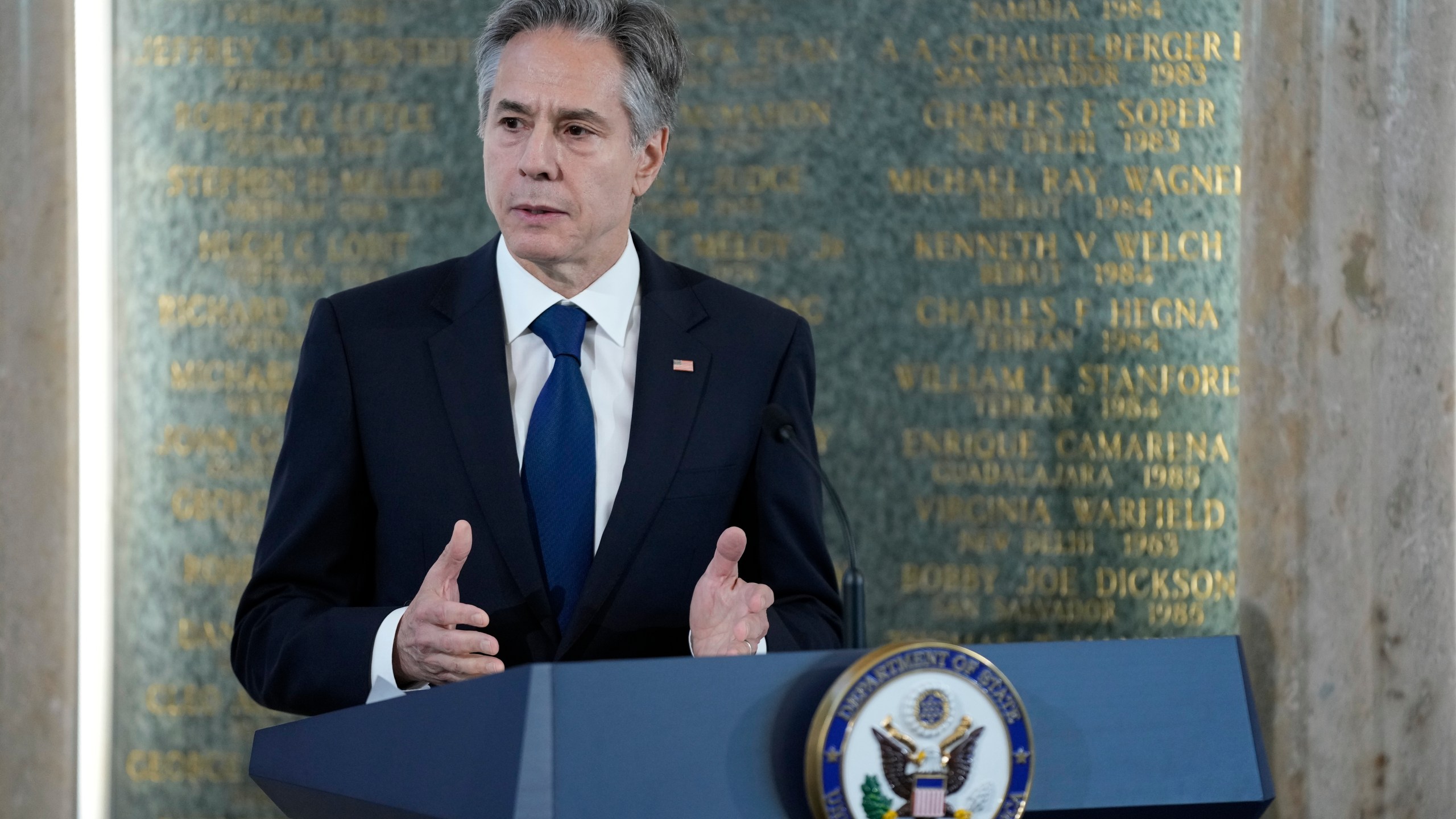 Secretary of State Antony Blinken speaks at an American Foreign Service Association memorial plaque ceremony, Friday, May 5, 2023, at the U.S. State Department in Washington. (AP Photo/Patrick Semansky)