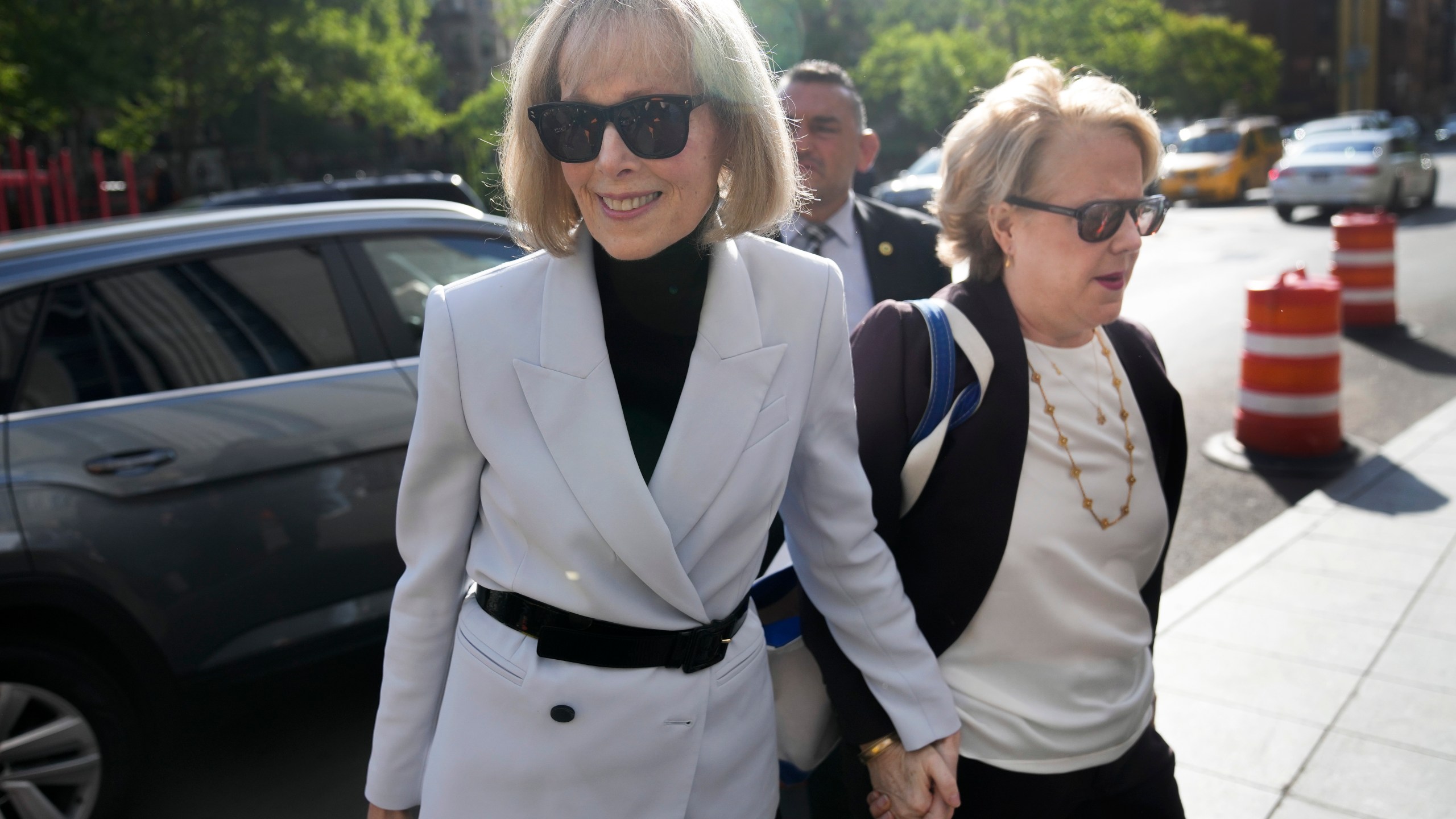 E. Jean Carroll arrives at Manhattan federal court, Monday, May 8, 2023, in New York. (AP Photo/Seth Wenig)