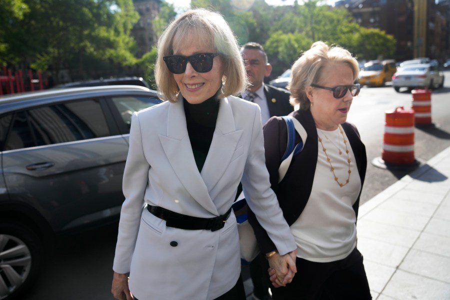 E. Jean Carroll arrives at Manhattan federal court, Monday, May 8, 2023, in New York. (AP Photo/Seth Wenig)