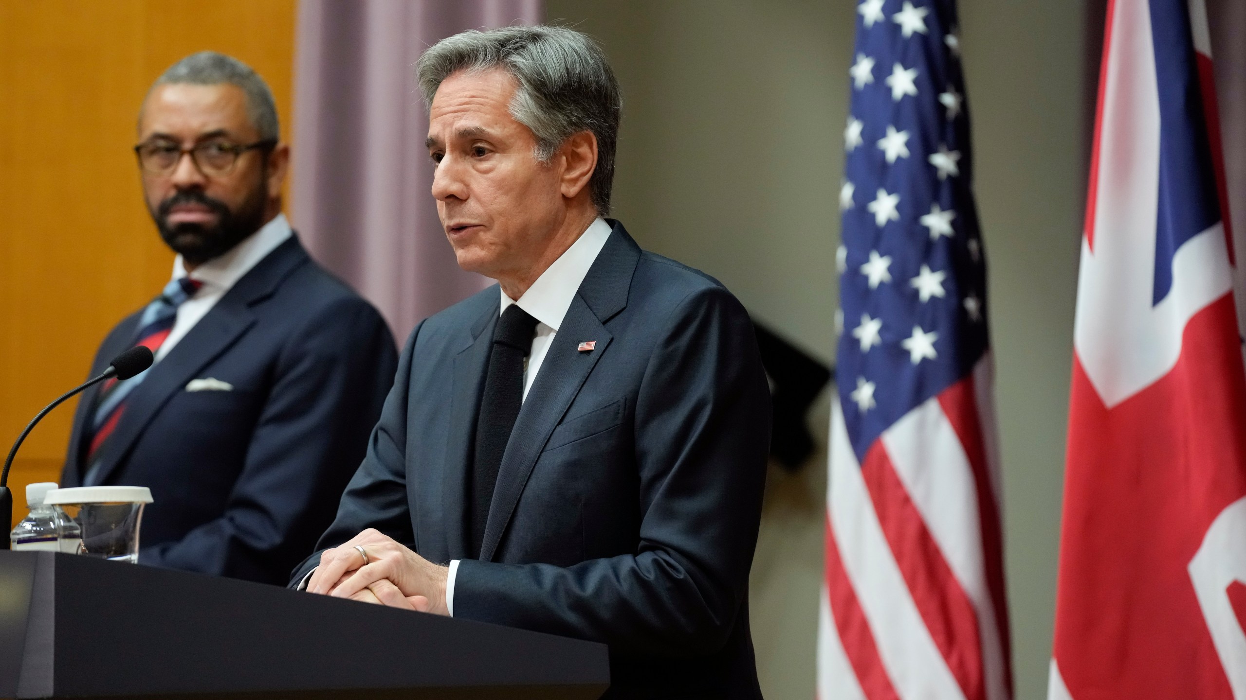 Secretary of State Antony Blinken speaks alongside British Foreign Secretary James Cleverly during a joint press conference, Tuesday, May 9, 2023, at the U.S. State Department in Washington. (AP Photo/Patrick Semansky)