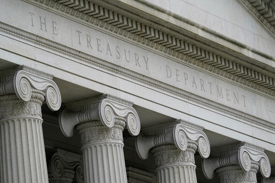 FILE - The Treasury Building is viewed in Washington, May 4, 2021. The Treasury Department designated El Chapo's son Joaquin Guzman Lopez and others for financial sanctions, including a freeze on American-owned assets and bank accounts and a ban on Americans doing business with them. (AP Photo/Patrick Semansky, File)