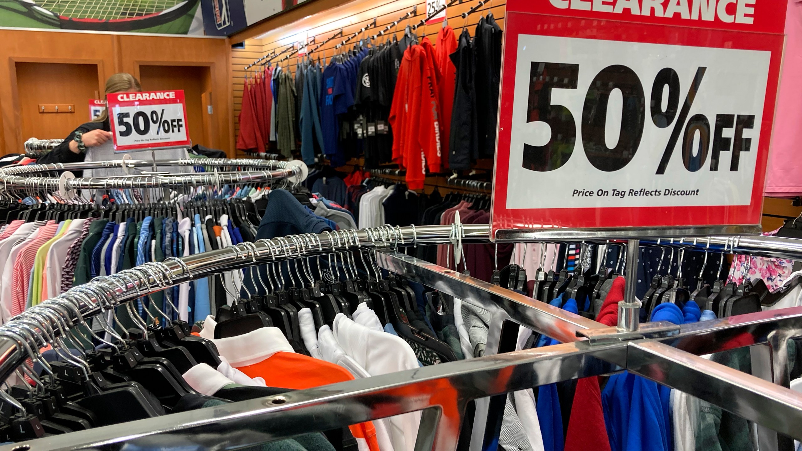 Clearance sale signs are displayed at a retail store in Downers Grove, Ill., Wednesday, April 26, 2023. On Wednesday, the Labor Department reports on U.S. consumer prices for April. (AP Photo/Nam Y. Huh)