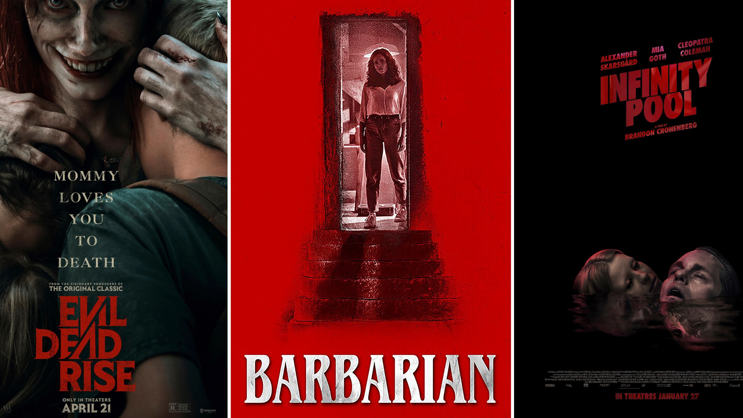 This combination of images shows promotional art for the films "Evil Dead Rise," "Barbarian," and "Infinity Pool." (Warner Bros. Pictures/20th Century Studios/Elevation Pictures via AP)