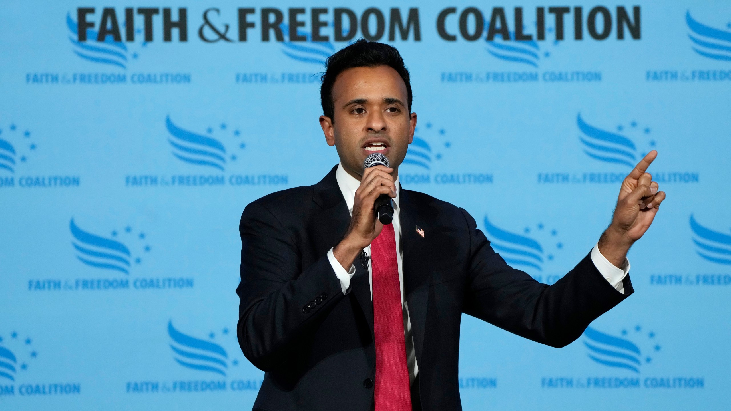 Republican presidential candidate Vivek Ramaswamy speaks during the Iowa Faith and Freedom Coalition Spring Kick-Off, Saturday, April 22, 2023, in Clive, Iowa. (AP Photo/Charlie Neibergall)