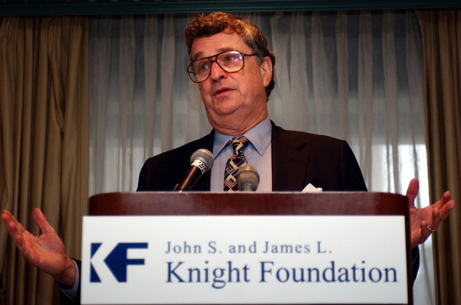 FILE - Hodding Carter III, president, CEO and Trustee of the John S. and James L Knight Foundation, answers a question during a news conference in Washington, Monday, Nov. 24, 2003. Carter III, a Mississippi journalist and civil rights activist who updated Americans on the Iran hostage crisis as U.S. State Department spokesman and won awards for his televised documentaries, has died. His daughter, Catherine Carter Sullivan, confirmed that he died Thursday, May 11, 2023 in Chapel Hill, North Carolina. (AP Photo/Susan Walsh, File)