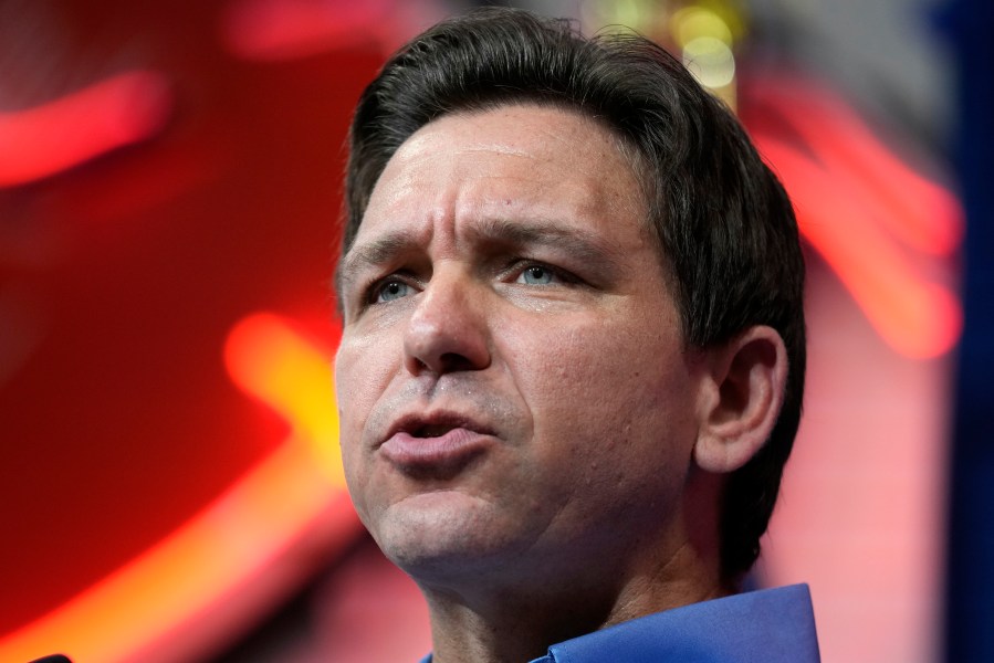 Florida Gov. Ron DeSantis speaks during a fundraising picnic for U.S. Rep. Randy Feenstra, R-Iowa, Saturday, May 13, 2023, in Sioux Center, Iowa. (AP Photo/Charlie Neibergall)