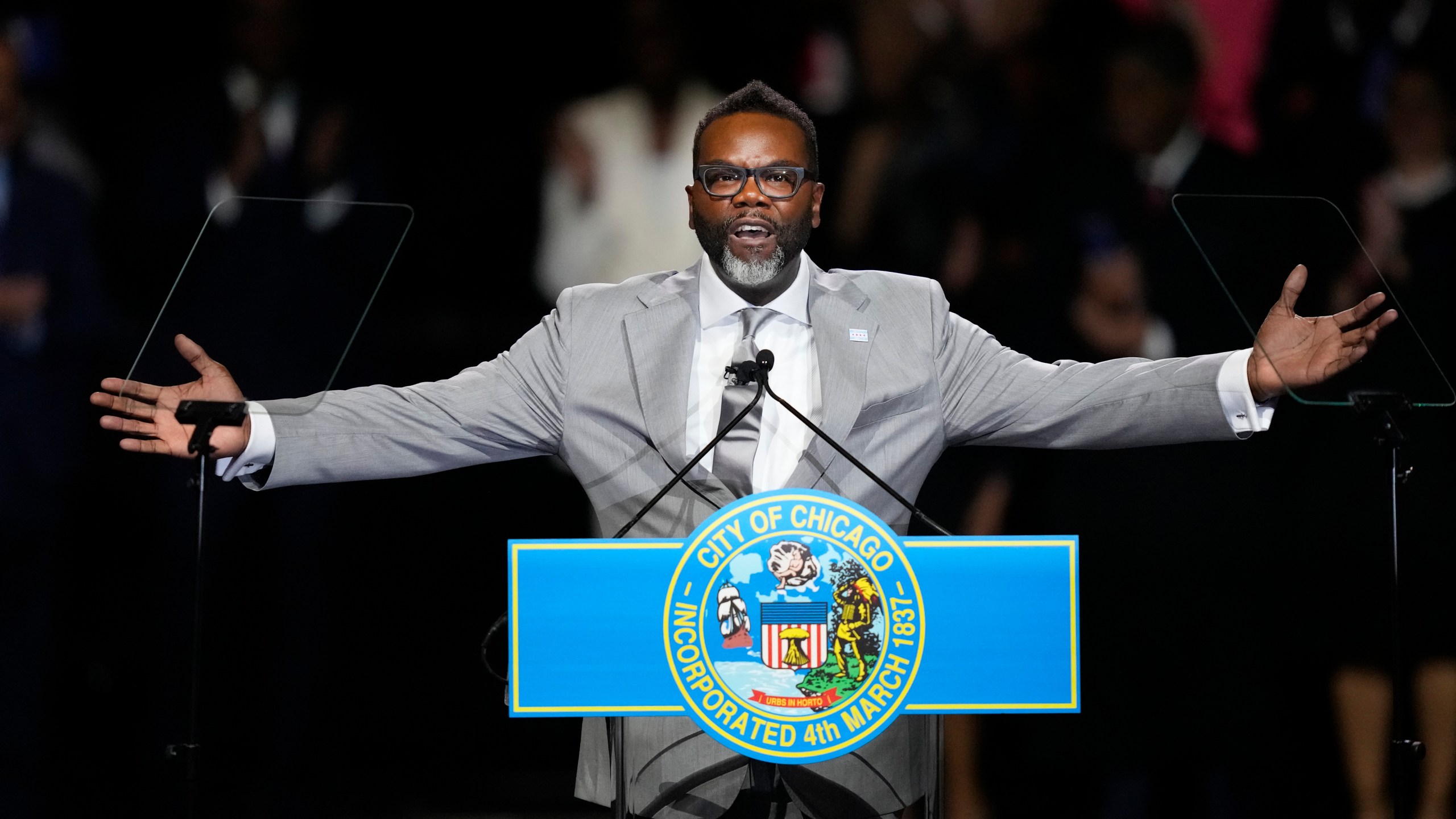 Chicago Mayor Brandon Johnson gestures during his inaugural address after taking the oath of office as Chicago's 57th mayor Monday, May 15, 2023, in Chicago. Johnson, 47, faces an influx of migrants in desperate need of shelter, pressure to build support among skeptical business leaders, and summer months that historically bring a spike in violent crime. (AP Photo/Charles Rex Arbogast)