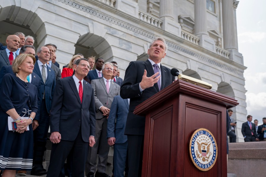 Speaker of the House Kevin McCarthy, R-Calif., is joined by Republicans from the Senate and the House as he leads an event on the debt limit negotiations, at the Capitol in Washington, Wednesday, May 17, 2023. McCarthy and President Joe Biden have tasked a handful of representatives to try and close out a final deal. (AP Photo/J. Scott Applewhite)