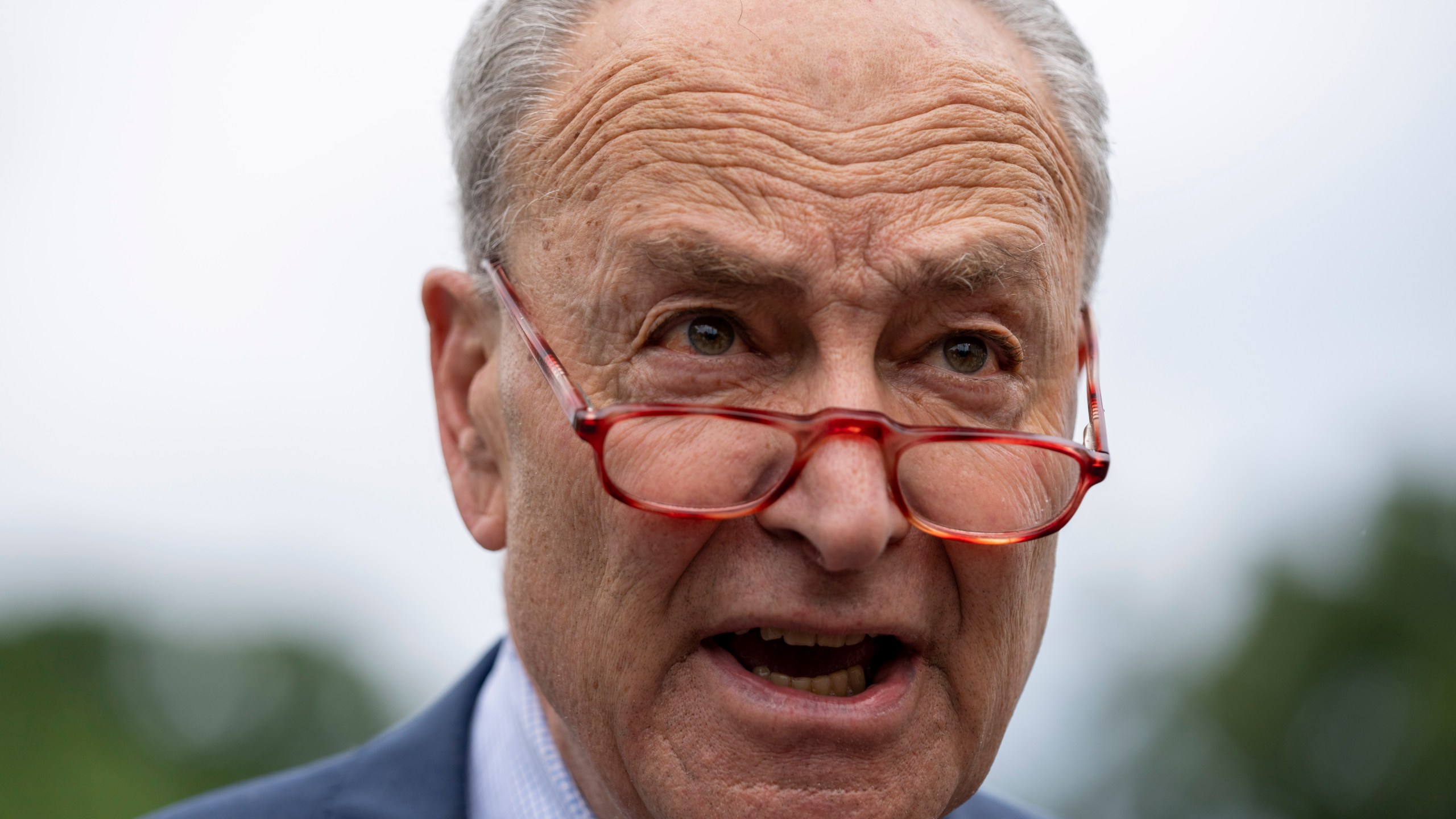 Senate Majority Leader Chuck Schumer of N.Y., speaks with reporters on Capitol Hill after returning from a debt ceiling meeting at the White House, Tuesday, May 16, 2023, in Washington. (AP Photo/Alex Brandon)