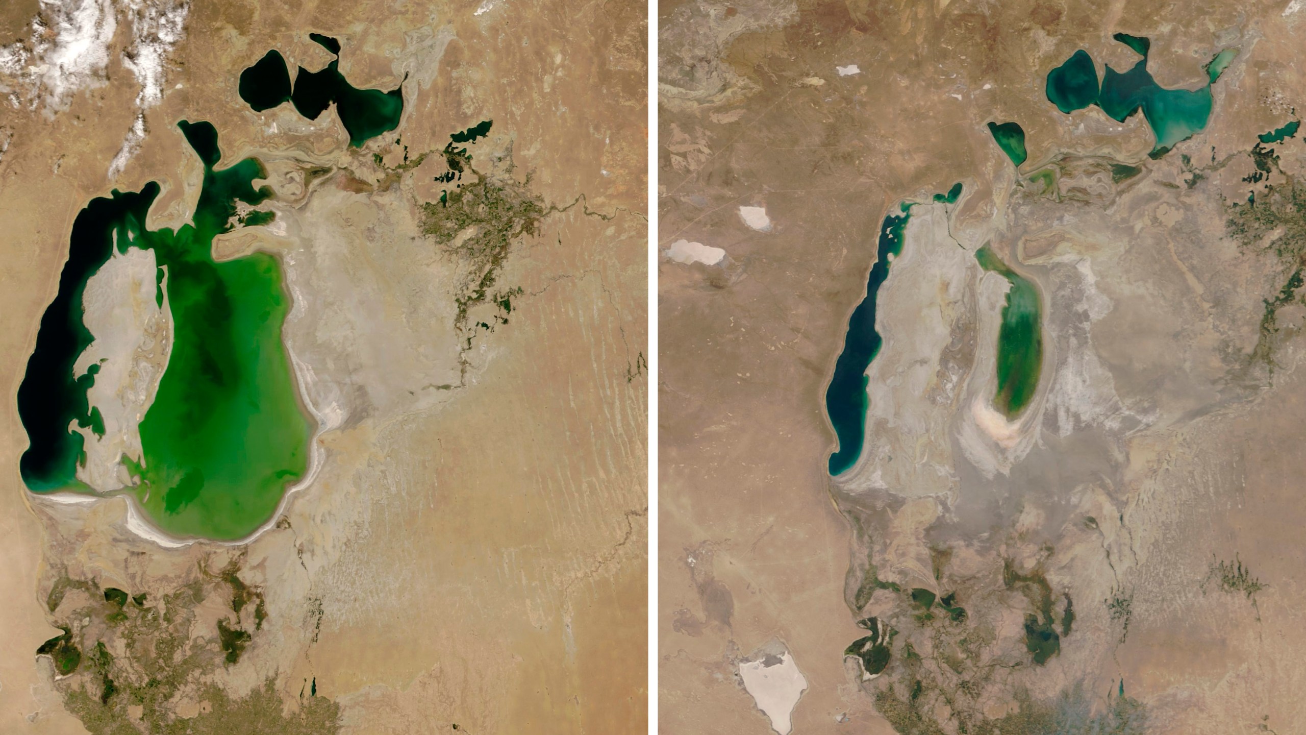 These photos provided by NASA Earth Observatory shows the Aral Sea is visible on Aug. 25, 2000, left, and on Aug. 21, 2018 between Kazakhstan and Uzbekistan. A new study Thursday, May 18, 2023, says climate change’s hotter temperatures and society’s diversion of water have been shrinking the world’s lakes, including the Aral Sea, by trillions of gallons of water a year since the early 1990s. (NASA Earth Observatory via AP)