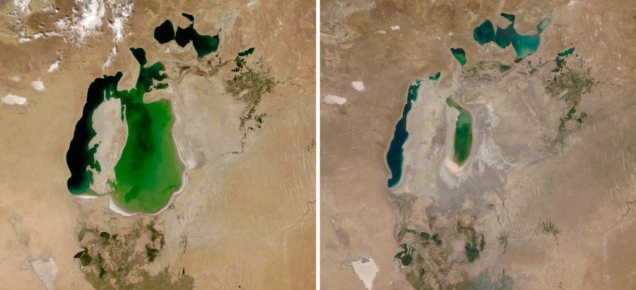 These photos provided by NASA Earth Observatory shows the Aral Sea is visible on Aug. 25, 2000, left, and on Aug. 21, 2018 between Kazakhstan and Uzbekistan. A new study Thursday, May 18, 2023, says climate change’s hotter temperatures and society’s diversion of water have been shrinking the world’s lakes, including the Aral Sea, by trillions of gallons of water a year since the early 1990s. (NASA Earth Observatory via AP)