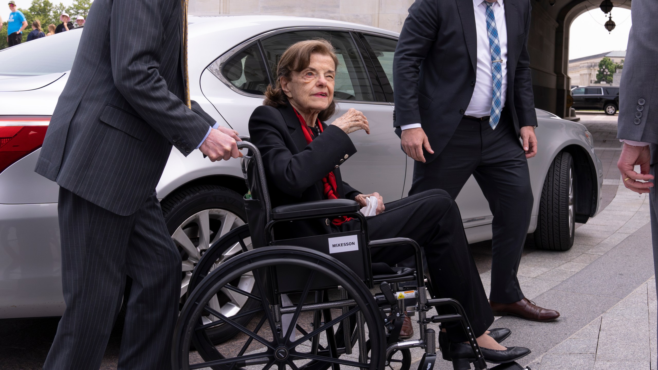 Sen. Dianne Feinstein, D-Calif., is assisted to a wheelchair by staff as she returns to the Senate after a more than two-month absence, at the Capitol in Washington, Wednesday, May 10, 2023. The 89-year-old California Democrat was out longer than expected which has slowed the push to confirm President Joe Biden's judicial nominees. (AP Photo/J. Scott Applewhite)