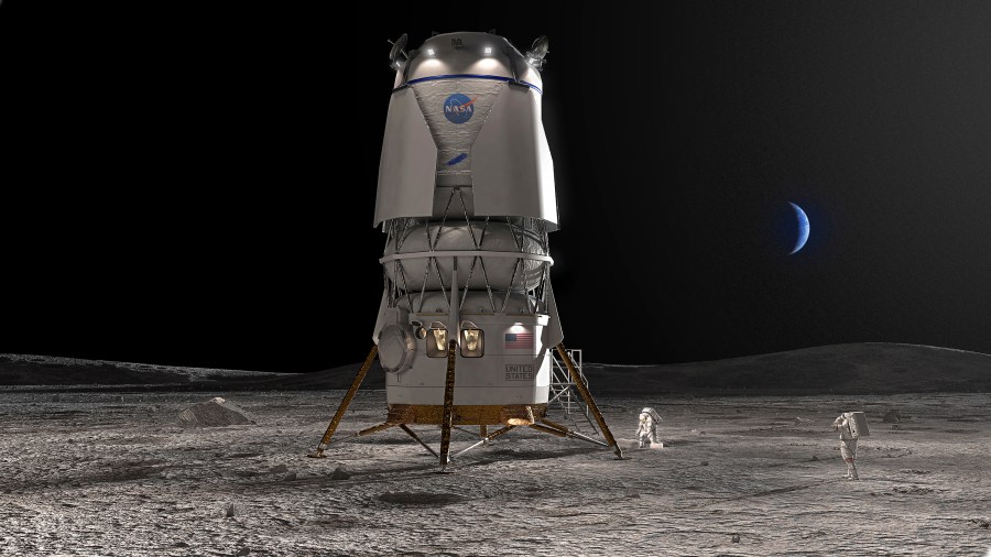 This image provided by Blue Origin shows the Blue Moon lander. Jeff Bezos' Blue Origin received a $3.4 billion contract Friday, May 19, 2023, to develop a lunar lander named Blue Moon. It will be used to transport astronauts to the lunar surface as early as 2029. (Blue Origin via AP)