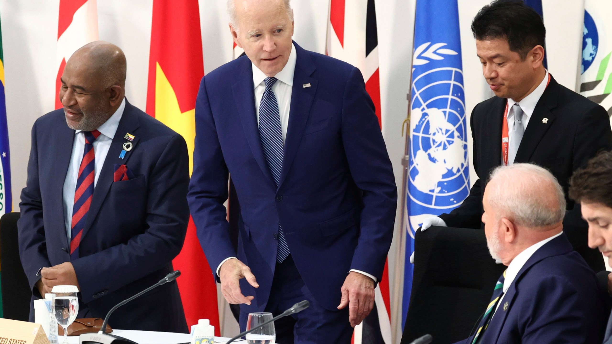 U.S. President Joe Biden, center, attends an outreach session of the leaders of the G7 nations and invited countries, during the G7 Summit in Hiroshima, western Japan, Saturday, May 20, 2023. (Japan Pool via AP)