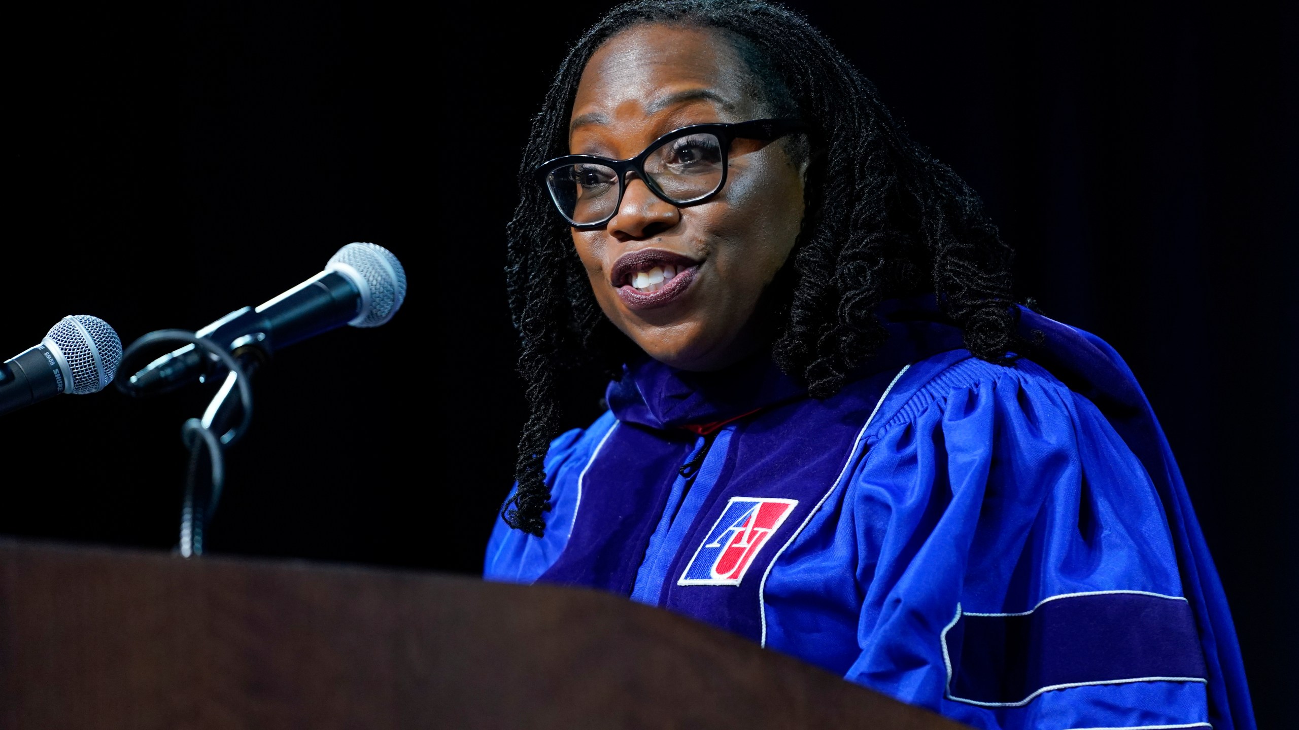 Supreme Court Associate Justice Ketanji Brown Jackson speaks at the commencement ceremony for American University's Washington College of Law, Saturday, May 20, 2023, in Washington. (AP Photo/Patrick Semansky)