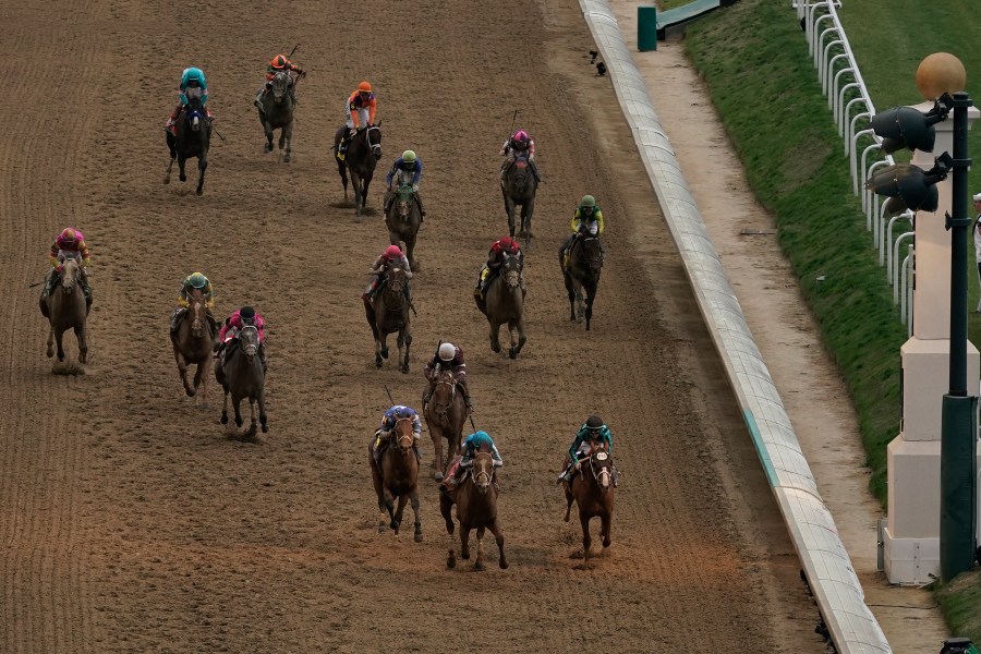 Mage (8), with Javier Castellano aboard, wins the 149th running of the Kentucky Derby horse race at Churchill Downs Saturday, May 6, 2023, in Louisville, Ky. (AP Photo/Charlie Riedel)