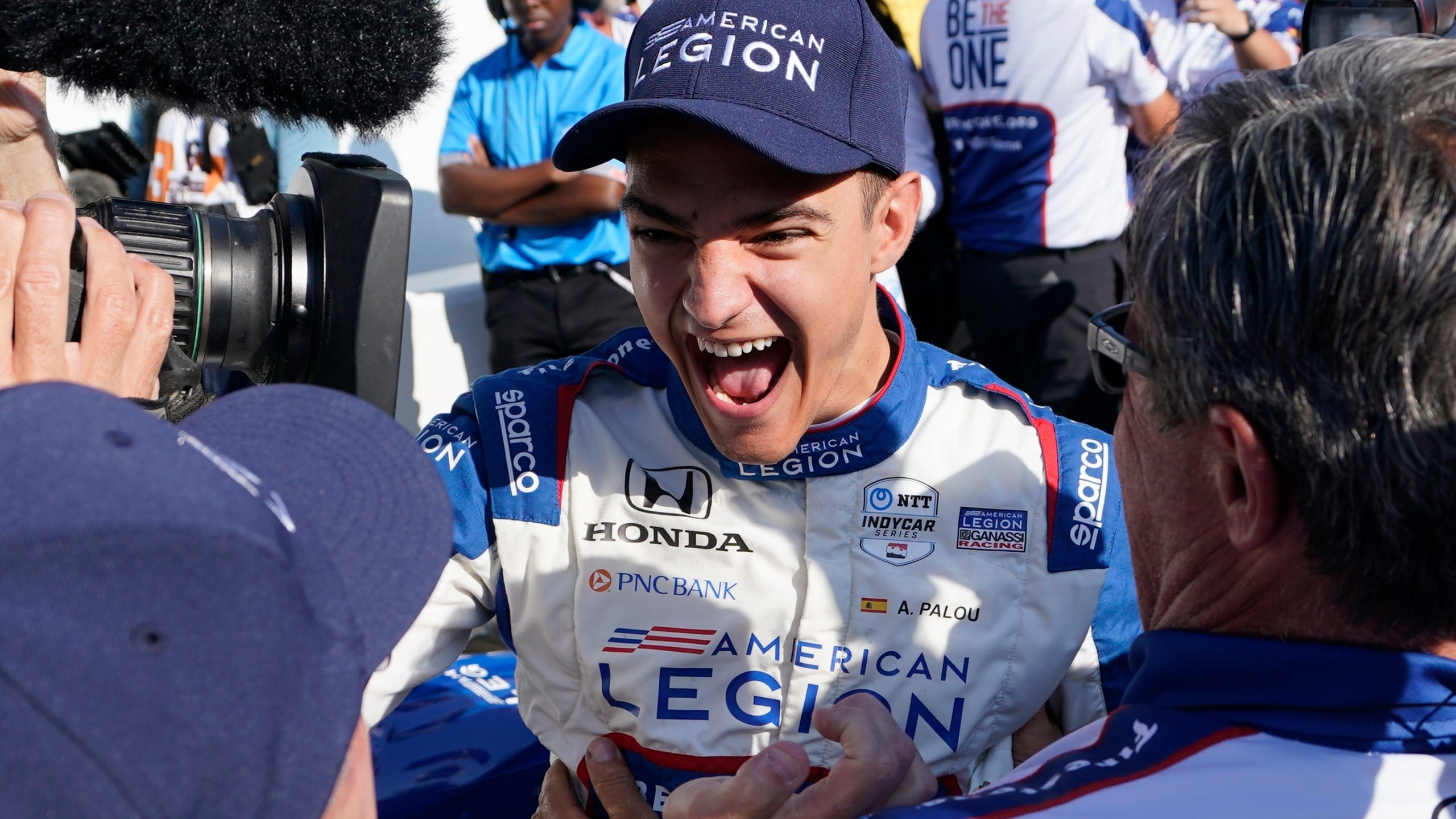 Alex Palou, of Spain, celebrates winning the pole for the Indianapolis 500 auto race at Indianapolis Motor Speedway, Sunday, May 21, 2023, in Indianapolis. (AP Photo/Darron Cummings)