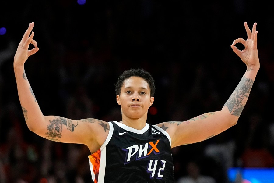 Phoenix Mercury center Brittney Griner (42) celebrates her three-pointer against the Chicago Sky during the second half of a WNBA basketball game, Sunday, May 21, 2023, in Phoenix. (AP Photo/Ross D. Franklin)