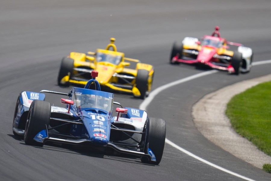 Alex Palou, of Spain, drives during practice for the Indianapolis 500 auto race at Indianapolis Motor Speedway in Indianapolis, Monday, May 22, 2023. (AP Photo/Michael Conroy)