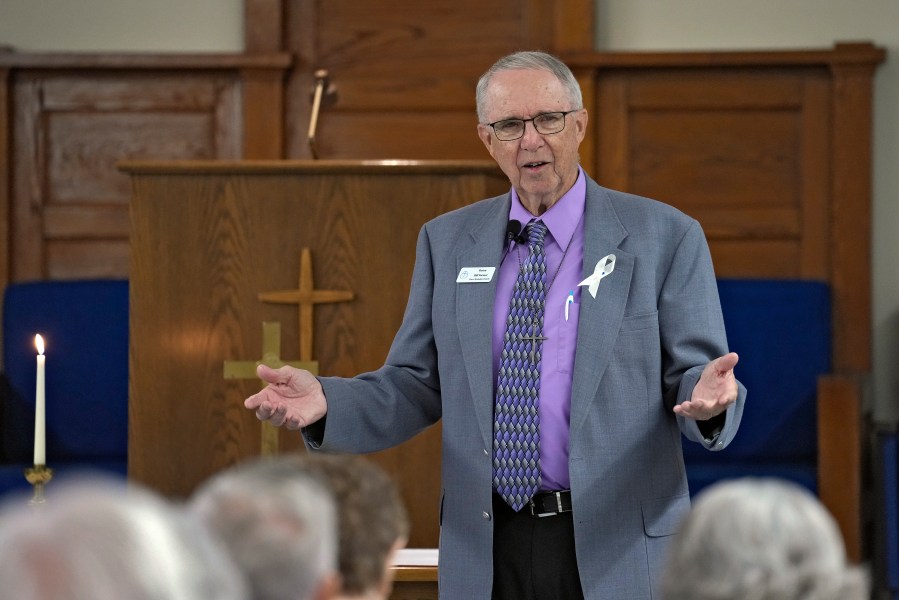 The Rev. Bill Farmer preaches to his congregation at the Grace Methodist Church Sunday, May 14, 2023, in Homosassa Springs, Fla. Farmer came out of retirement to serve as the church's pastor. The group's previous congregation “was a good church,” Farmer said, and he wished it well. But “my struggle was with the United Methodist structure, what’s going on with the United States, particularly." (AP Photo/Chris O'Meara)