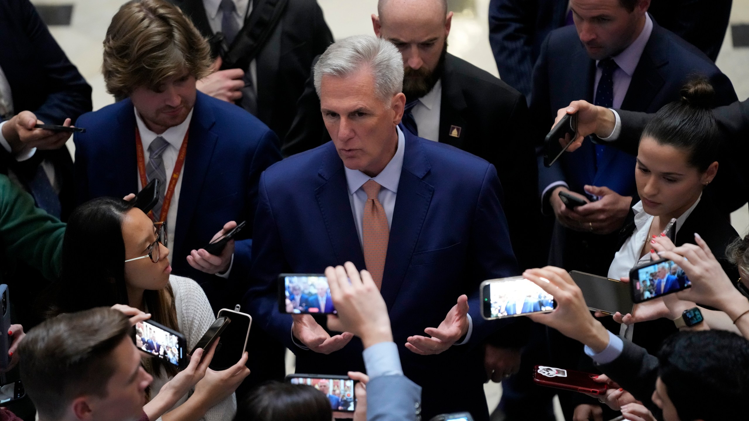 House Speaker Kevin McCarthy of Calif., speaks with members of the press, Tuesday, May 23, 2023, on Capitol Hill in Washington. (AP Photo/Patrick Semansky)