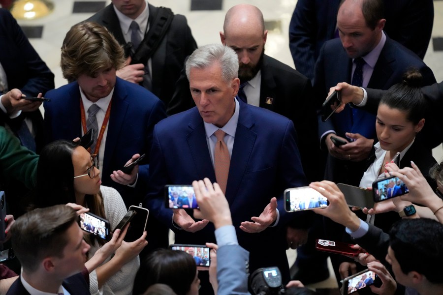 House Speaker Kevin McCarthy of Calif., speaks with members of the press, Tuesday, May 23, 2023, on Capitol Hill in Washington. (AP Photo/Patrick Semansky)