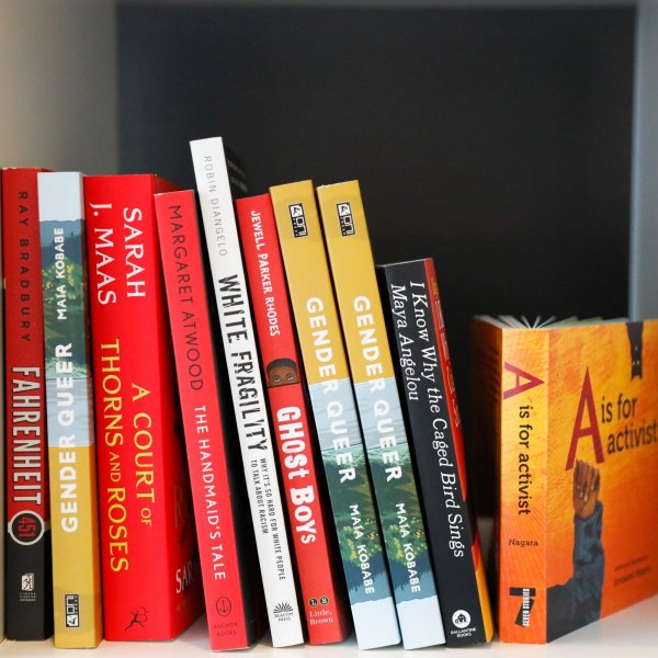 Books are displayed at the Banned Book Library at American Stage in St. Petersburg, Fla., Feb. 18, 2023.