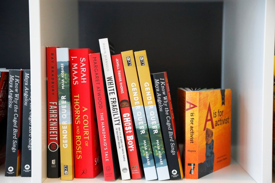 Books are displayed at the Banned Book Library at American Stage in St. Petersburg, Fla., Feb. 18, 2023.