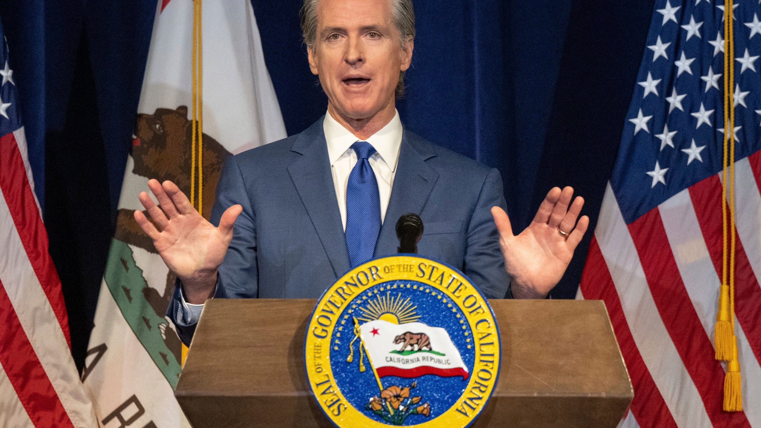 FILE - California Gov. Gavin Newsom speaks during a news conference on Friday, May 12, 2023, in Sacramento, California. On Thursday, May 25, 2023, Newsom will update his plan to move the state away from fossil fuels. (Hector Amezcua/The Sacramento Bee via AP, File)