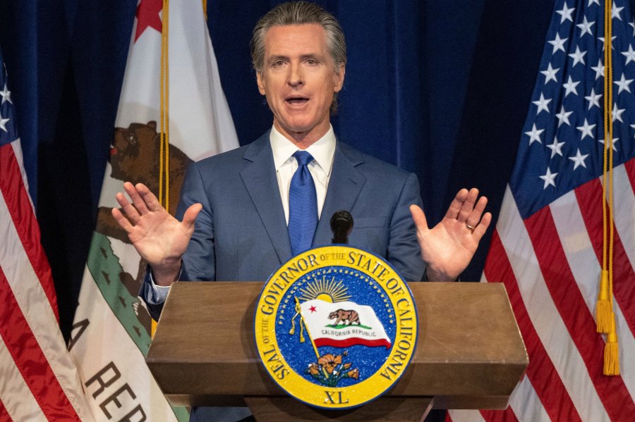 FILE - California Gov. Gavin Newsom speaks during a news conference on Friday, May 12, 2023, in Sacramento, California. On Thursday, May 25, 2023, Newsom will update his plan to move the state away from fossil fuels. (Hector Amezcua/The Sacramento Bee via AP, File)