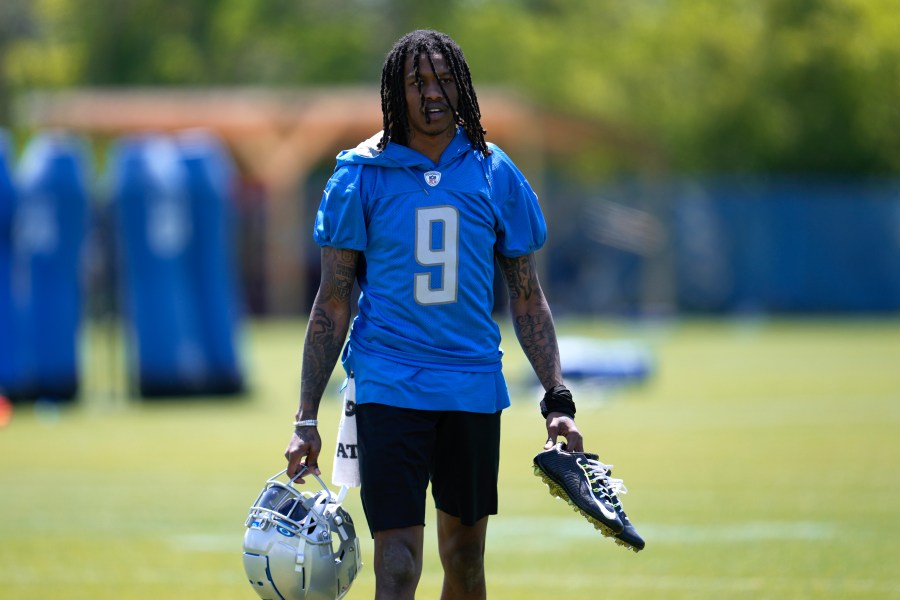 Detroit Lions wide receiver Jameson Williams (9) walks off the field after an NFL football practice in Allen Park, Mich., Thursday, May 25, 2023. (AP Photo/Paul Sancya)