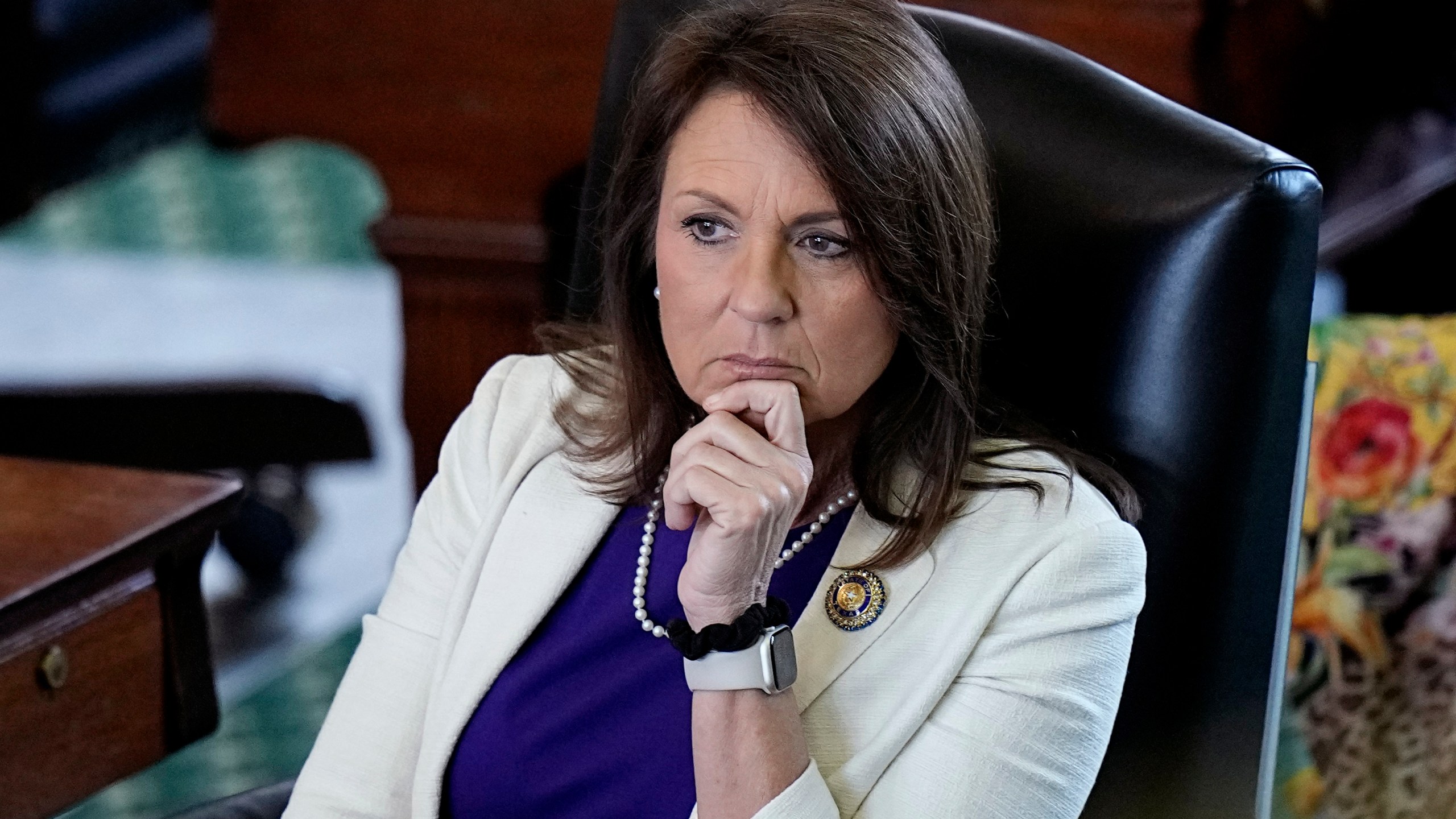 Texas state Sen. Angela Paxton, R-McKinney, wife of impeached state Attorney General Ken Paxton, sits in the Senate Chamber at the Texas Capitol in Austin, Texas, Monday, May 29, 2023. The historic impeachment of Paxton is plunging Republicans into a bruising fight over whether to banish one of their own in America's biggest red state. (AP Photo/Eric Gay)