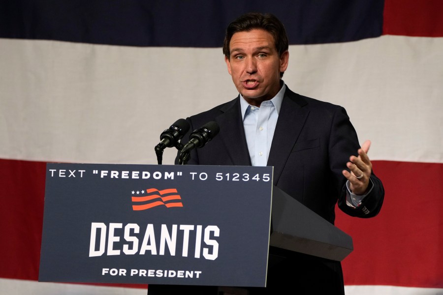 Republican presidential candidate Florida Gov. Ron DeSantis speaks during a campaign event, Tuesday, May 30, 2023, in Clive, Iowa. (AP Photo/Charlie Neibergall)