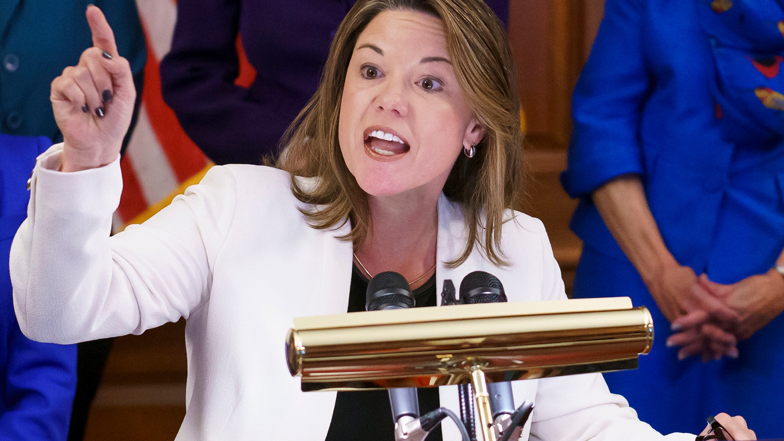 FILE - Rep. Angie Craig, D-Minn., speaks during an event at Capitol in Washington, July 20, 2022. Craig was assaulted in the elevator of her Washington apartment building in February 2023. Court records show that Kendrid Khalil Hamlin pleaded guilty Thursday, June 1, 2023, to charges of assaulting a member of Congress and assaulting law enforcement officers. (AP Photo/J. Scott Applewhite, File)