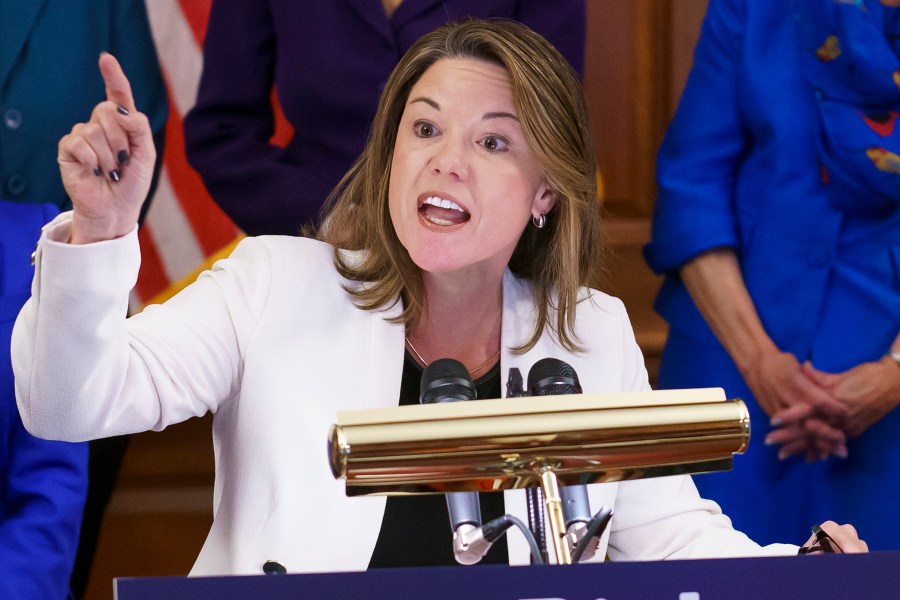 FILE - Rep. Angie Craig, D-Minn., speaks during an event at Capitol in Washington, July 20, 2022. Craig was assaulted in the elevator of her Washington apartment building in February 2023. Court records show that Kendrid Khalil Hamlin pleaded guilty Thursday, June 1, 2023, to charges of assaulting a member of Congress and assaulting law enforcement officers. (AP Photo/J. Scott Applewhite, File)